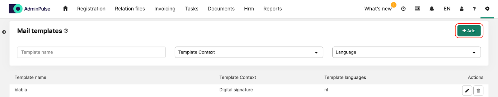 AdminPulse Add Template button