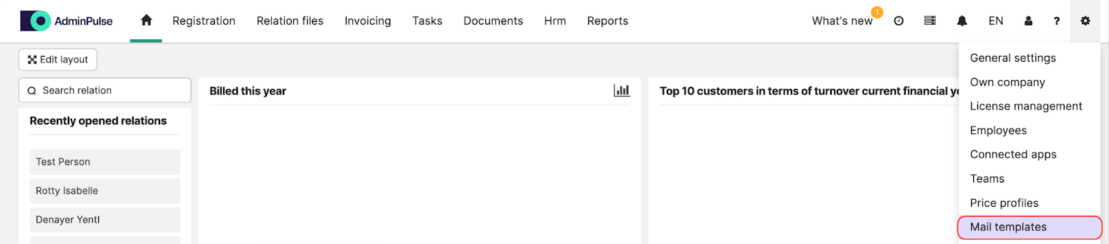 AdminPulse Mail Templates navigation