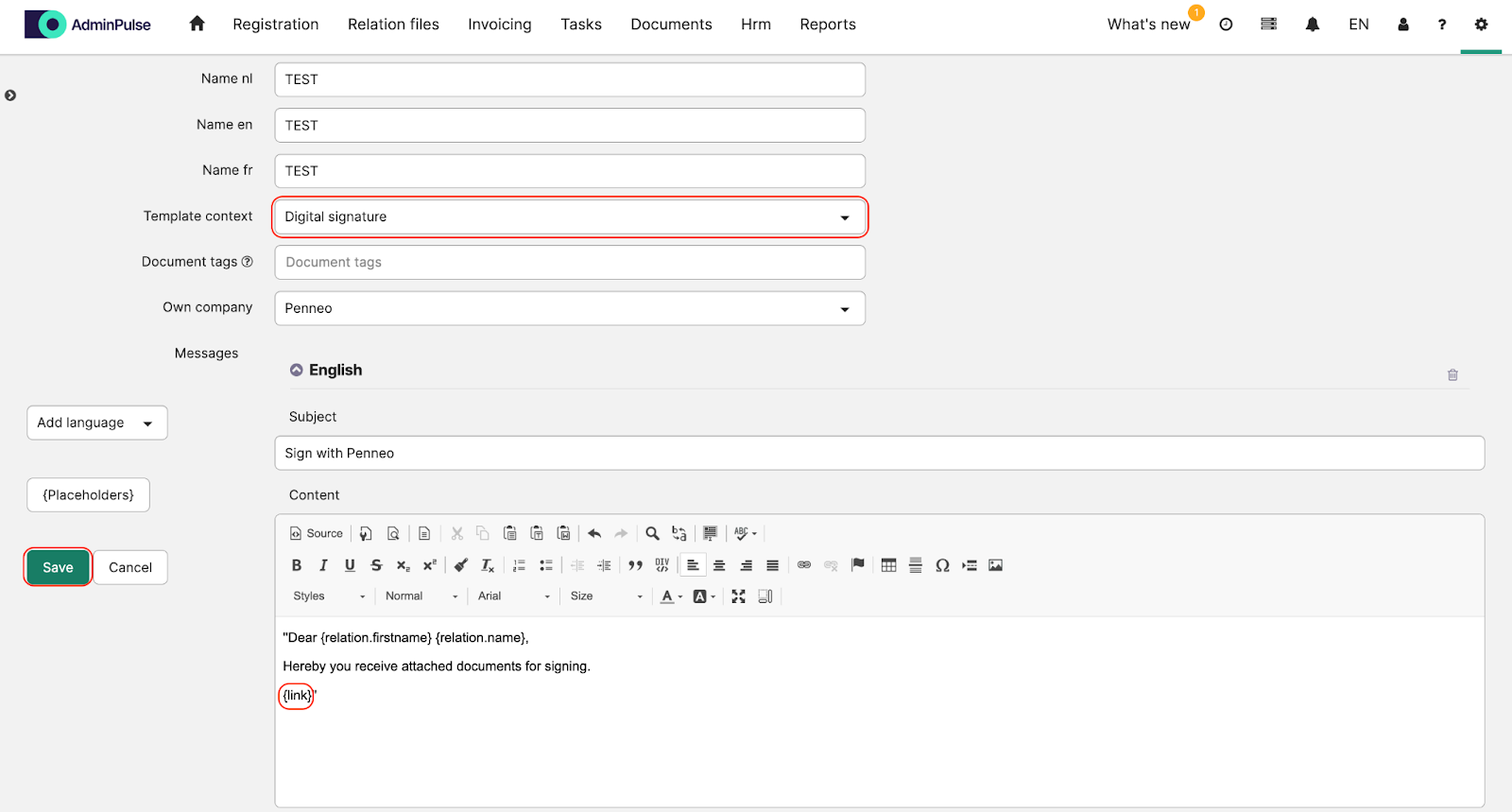 AdminPulse template configuration