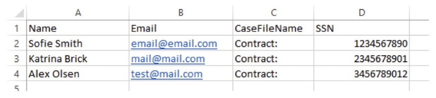 Example of an Excel recipient list