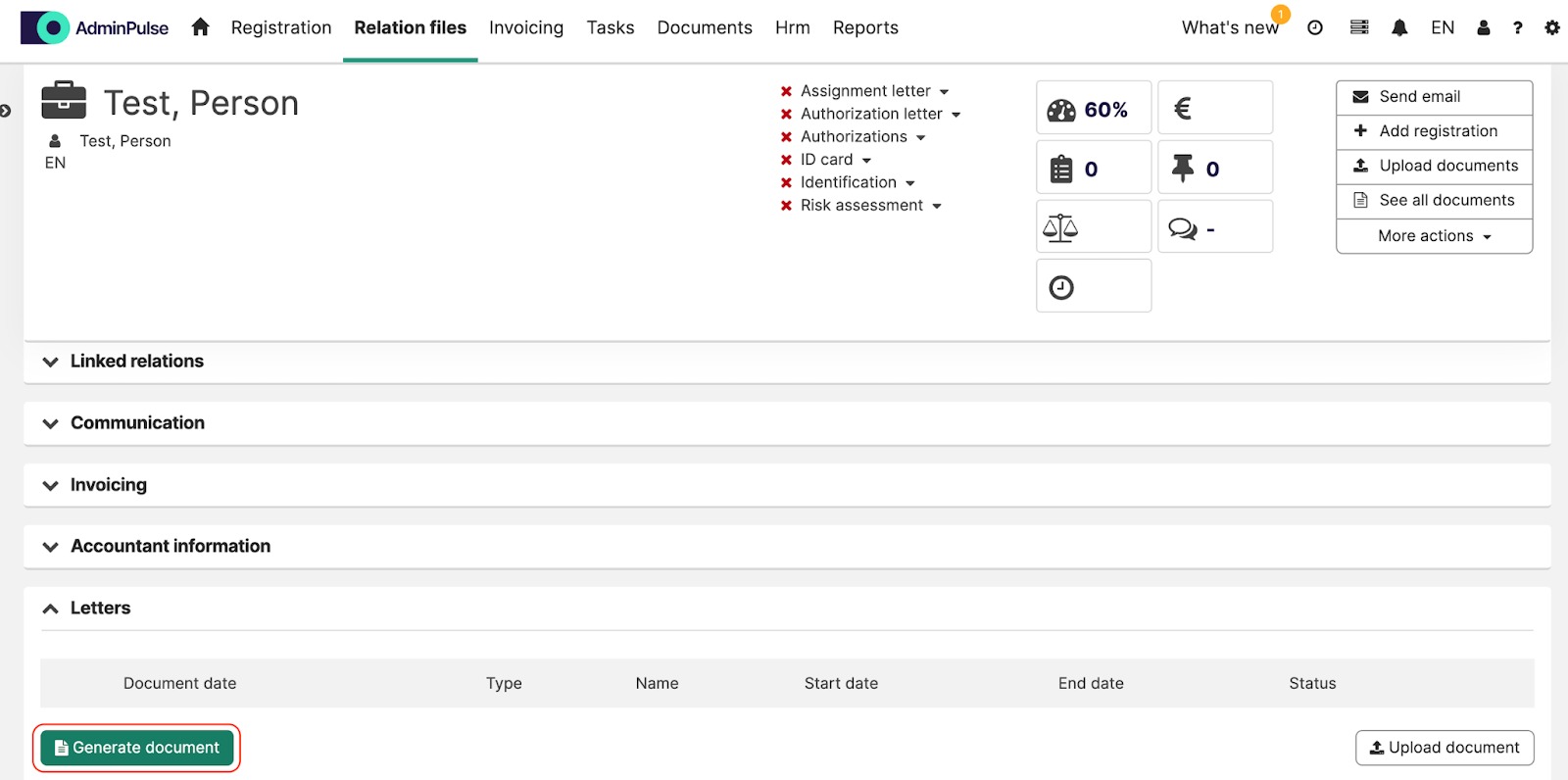 AdminPulse Generate Document interface